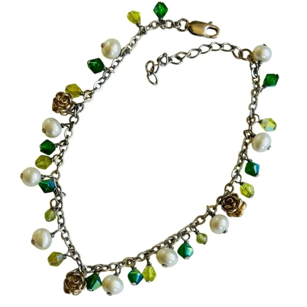 Y2K Anklet Crystal Freshwater Pearl Bracelet Beaded Beads dangle Sterling 925 9